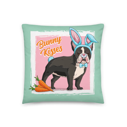 Blue &quot;Bunny Kisses&quot; Male French Bulldog Throw Pillow | B&amp;W Colored