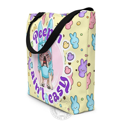 Blue "Peep’n Ain’t Easy" Female Bulldog Tote Bag with Pocket | Fawn &amp; White Colored