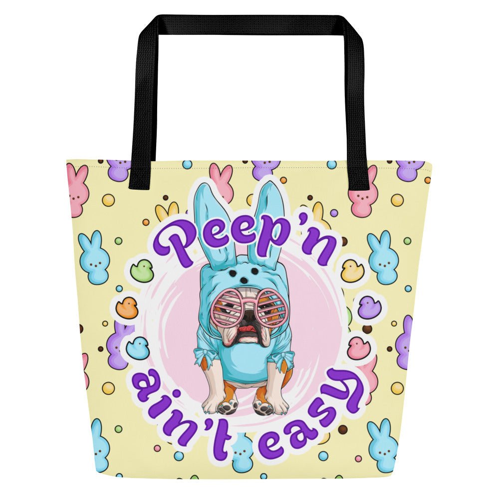 Blue "Peep’n Ain’t Easy" Female Bulldog Tote Bag with Pocket | Red &amp; White Colored