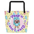 Blue "Peep’n Ain’t Easy" Female Bulldog Tote Bag with Pocket | Red & White Colored