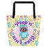 Blue "Peep’n Ain’t Easy" Female Frenchie Tote Bag with Pocket | B&W Colored