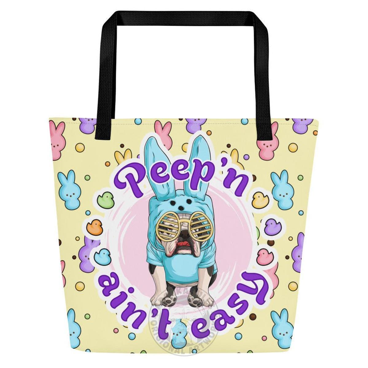 Blue "Peep’n Ain’t Easy" Male Bulldog Tote Bag with Pocket | B&amp;W Colored