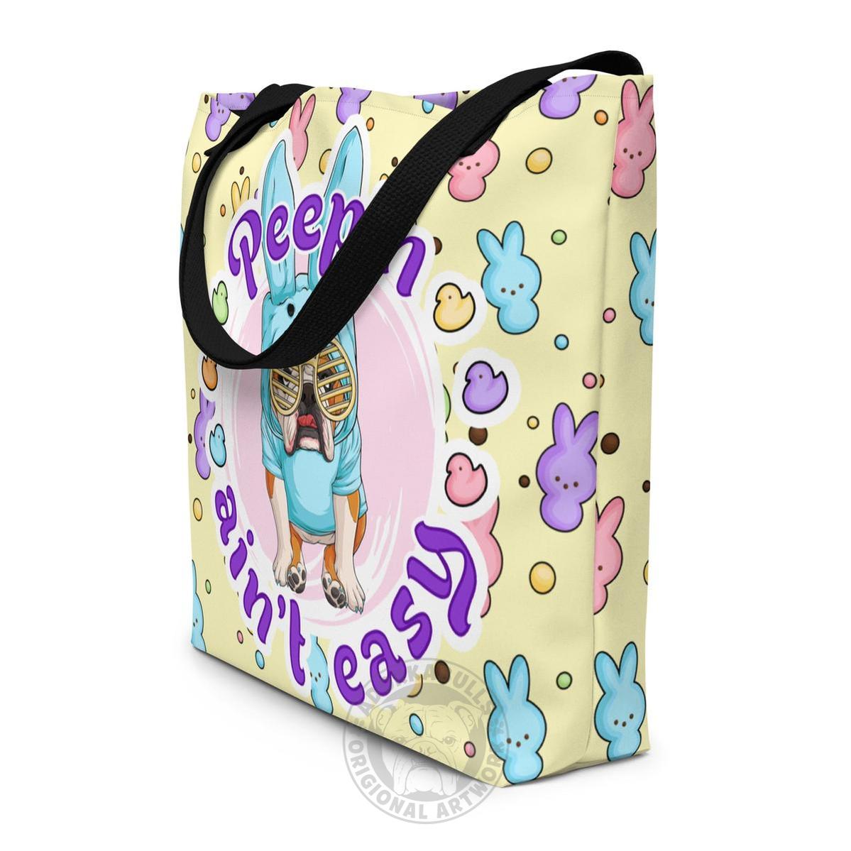 Blue "Peep’n Ain’t Easy" Male Bulldog Tote Bag with Pocket | Red &amp; White Colored