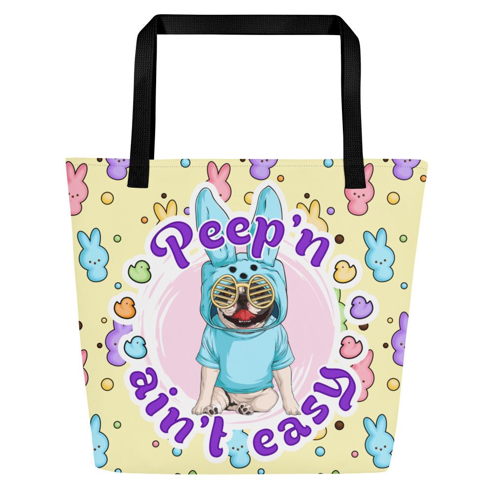 Blue "Peep’n Ain’t Easy" Male Frenchie Tote Bag with Pocket | B&amp;W Colored
