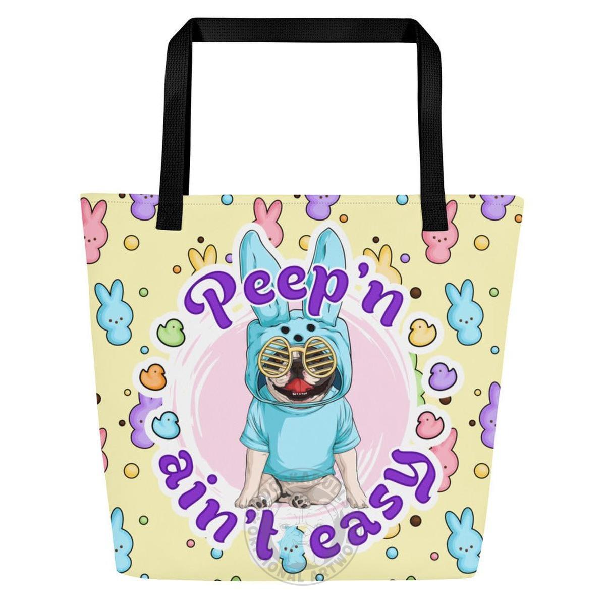 Blue "Peep’n Ain’t Easy" Male Frenchie Tote Bag with Pocket | B&amp;W Colored