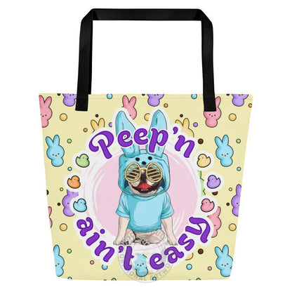 Blue "Peep’n Ain’t Easy" Male Frenchie Tote Bag with Pocket | B&amp;W Colored