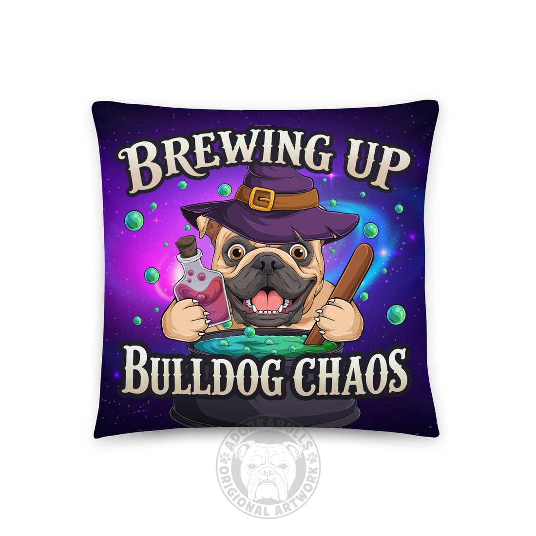Brewing Up Bulldog Chaos English Bulldog Throw Pillow