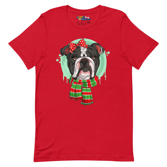 Bulldog in Christmas Scarf Unisex Tee | B&W Colored Female