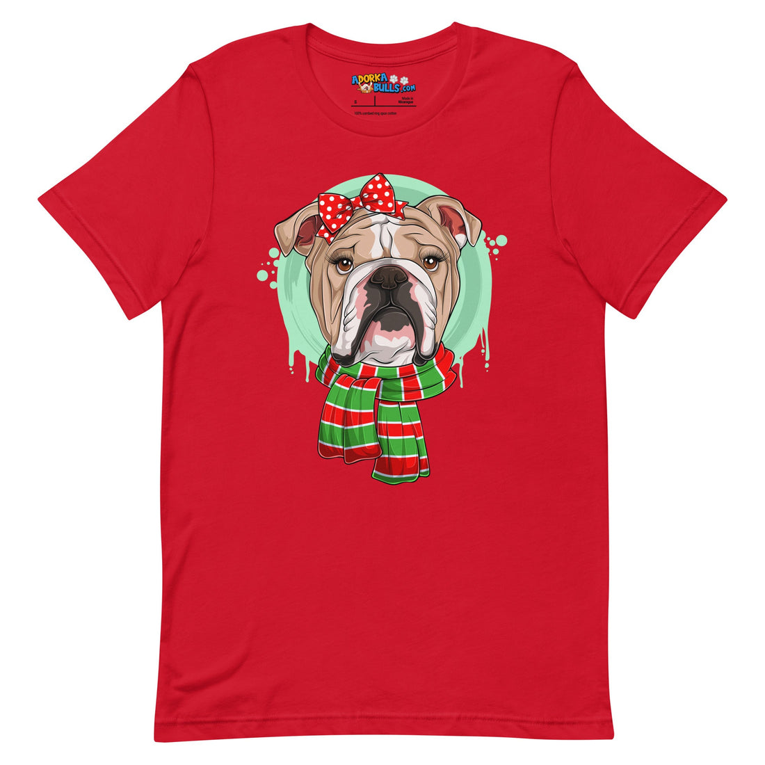 Bulldog in Christmas Scarf Unisex Tee | Fawn &amp; White Colored Female