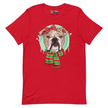 Bulldog in Christmas Scarf Unisex Tee | Fawn & White Colored Female