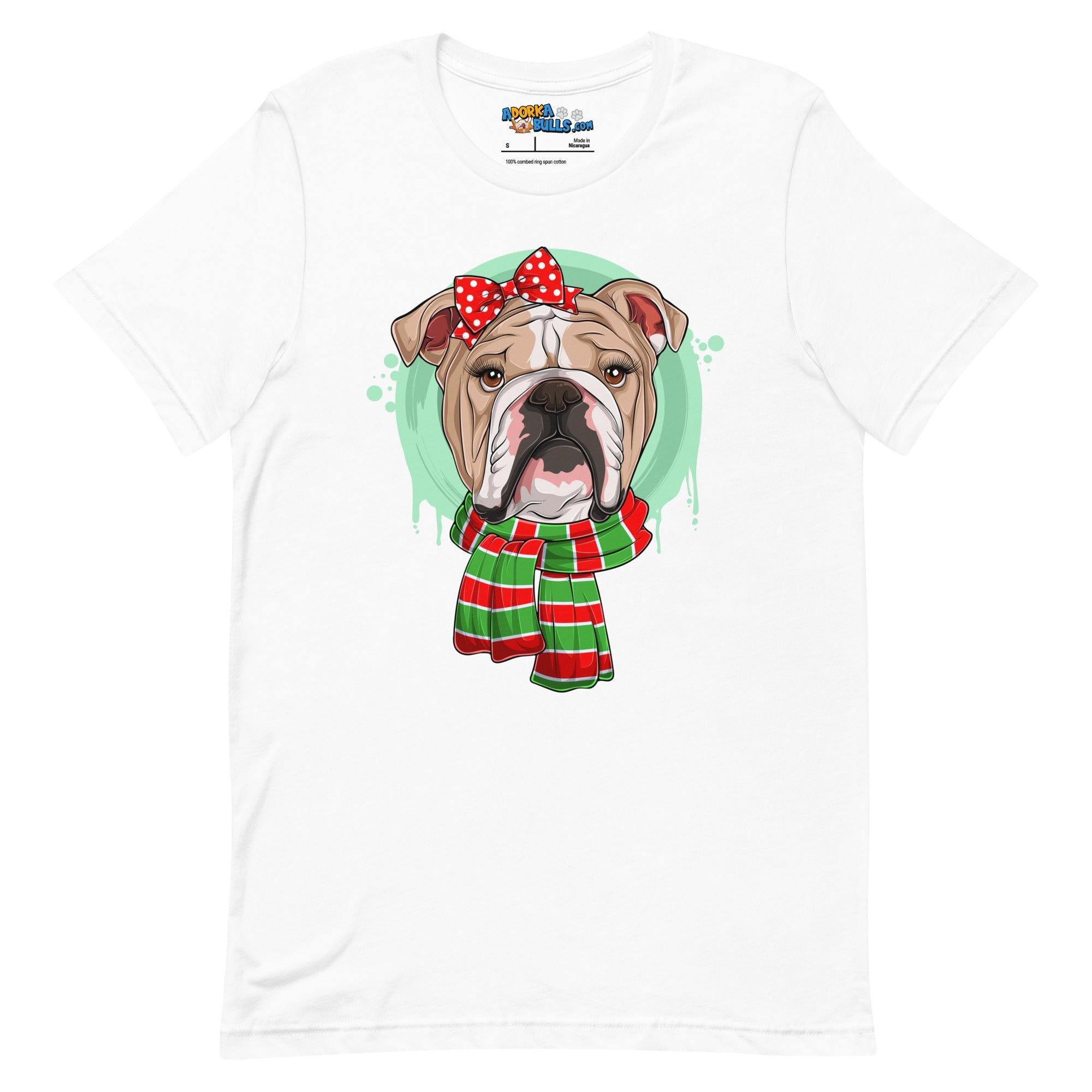 Bulldog in Christmas Scarf Unisex Tee | Fawn &amp; White Colored Female