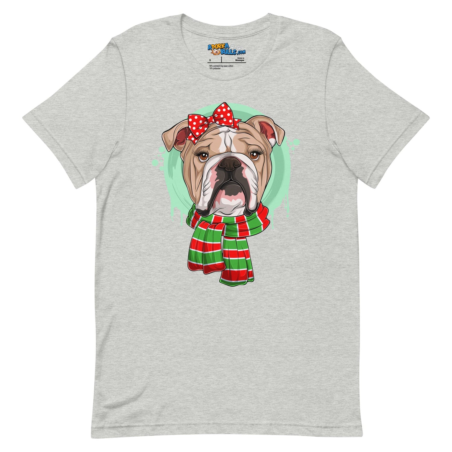 Bulldog in Christmas Scarf Unisex Tee | Fawn &amp; White Colored Female