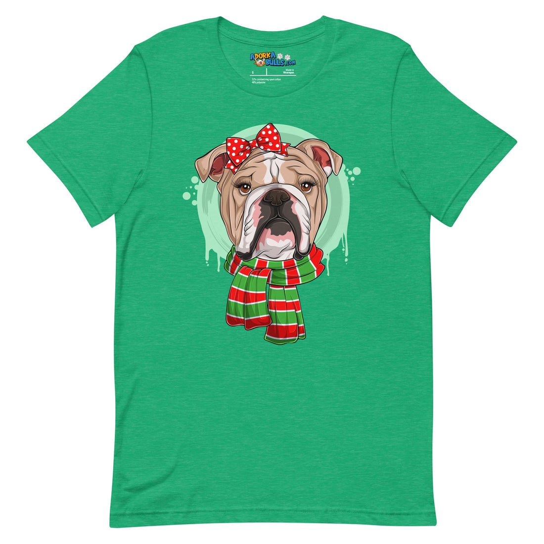 Bulldog in Christmas Scarf Unisex Tee | Fawn &amp; White Colored Female