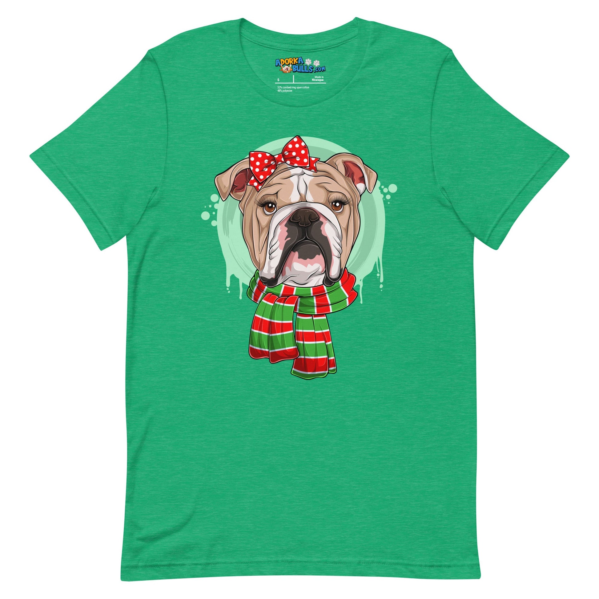 Bulldog in Christmas Scarf Unisex Tee | Fawn & White Colored Female