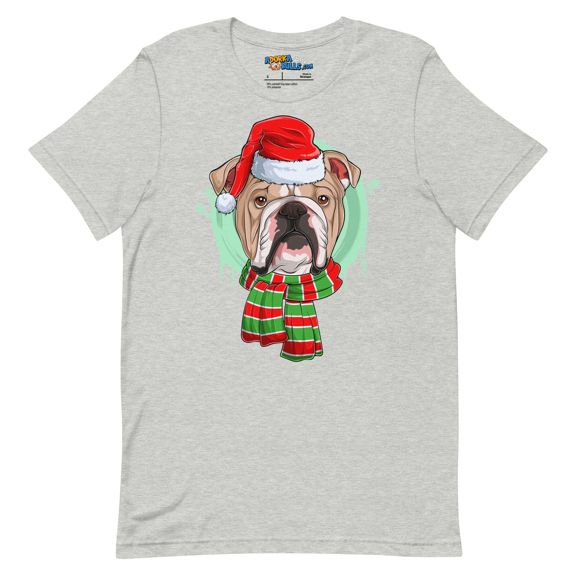 Bulldog in Christmas Scarf Unisex Tee | Fawn & White Colored Male