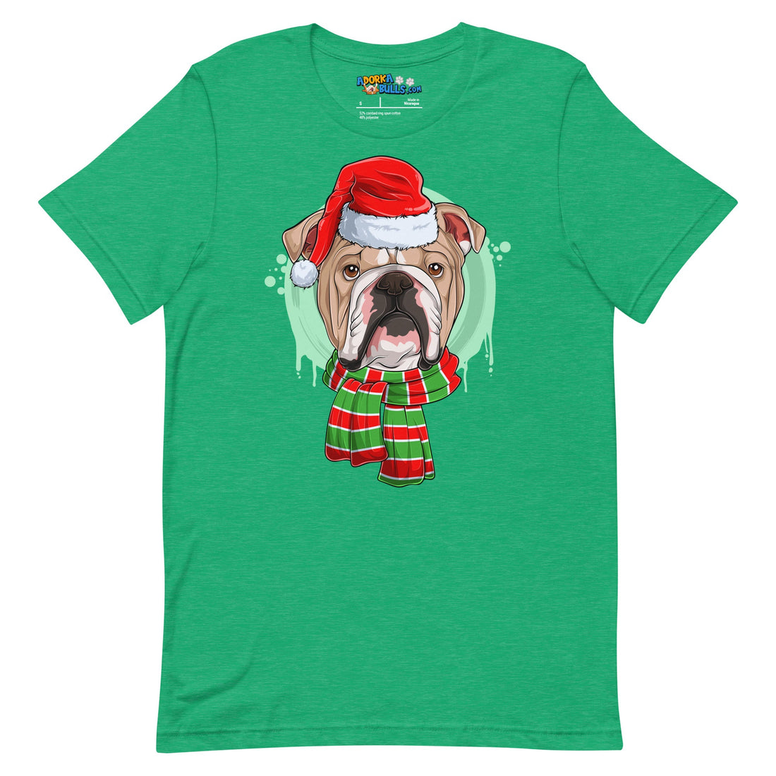 Bulldog in Christmas Scarf Unisex Tee | Fawn &amp; White Colored Male