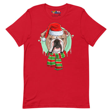 Bulldog in Christmas Scarf Unisex Tee | Fawn & White Colored Male