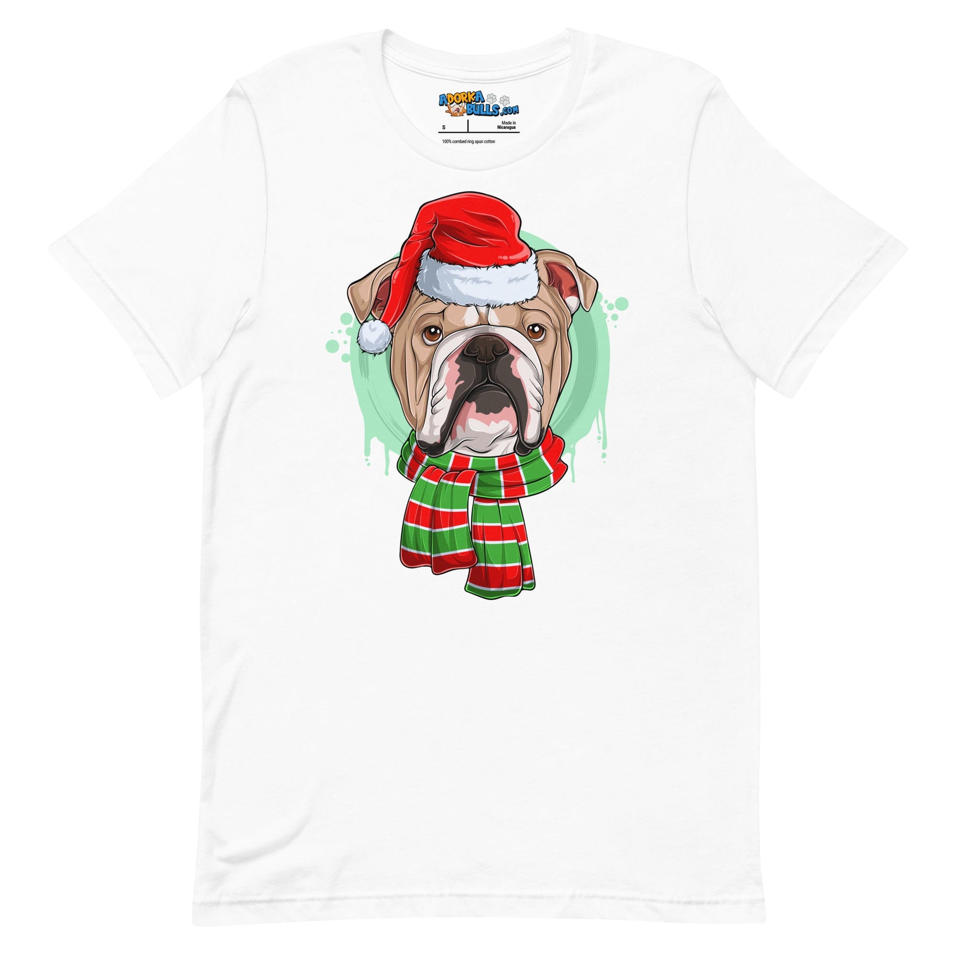 Bulldog in Christmas Scarf Unisex Tee | Fawn & White Colored Male