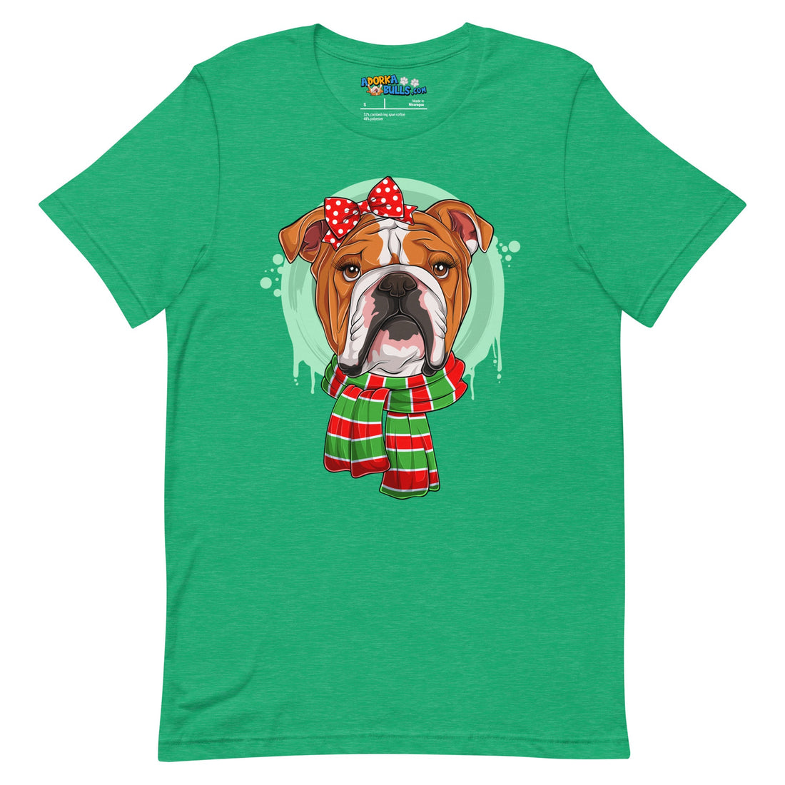 Bulldog in Christmas Scarf Unisex Tee | Red &amp; White Colored Female