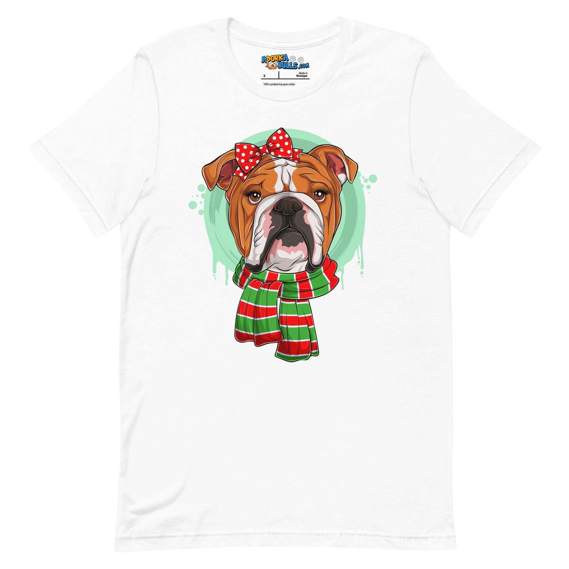 Bulldog in Christmas Scarf Unisex Tee | Red & White Colored Female