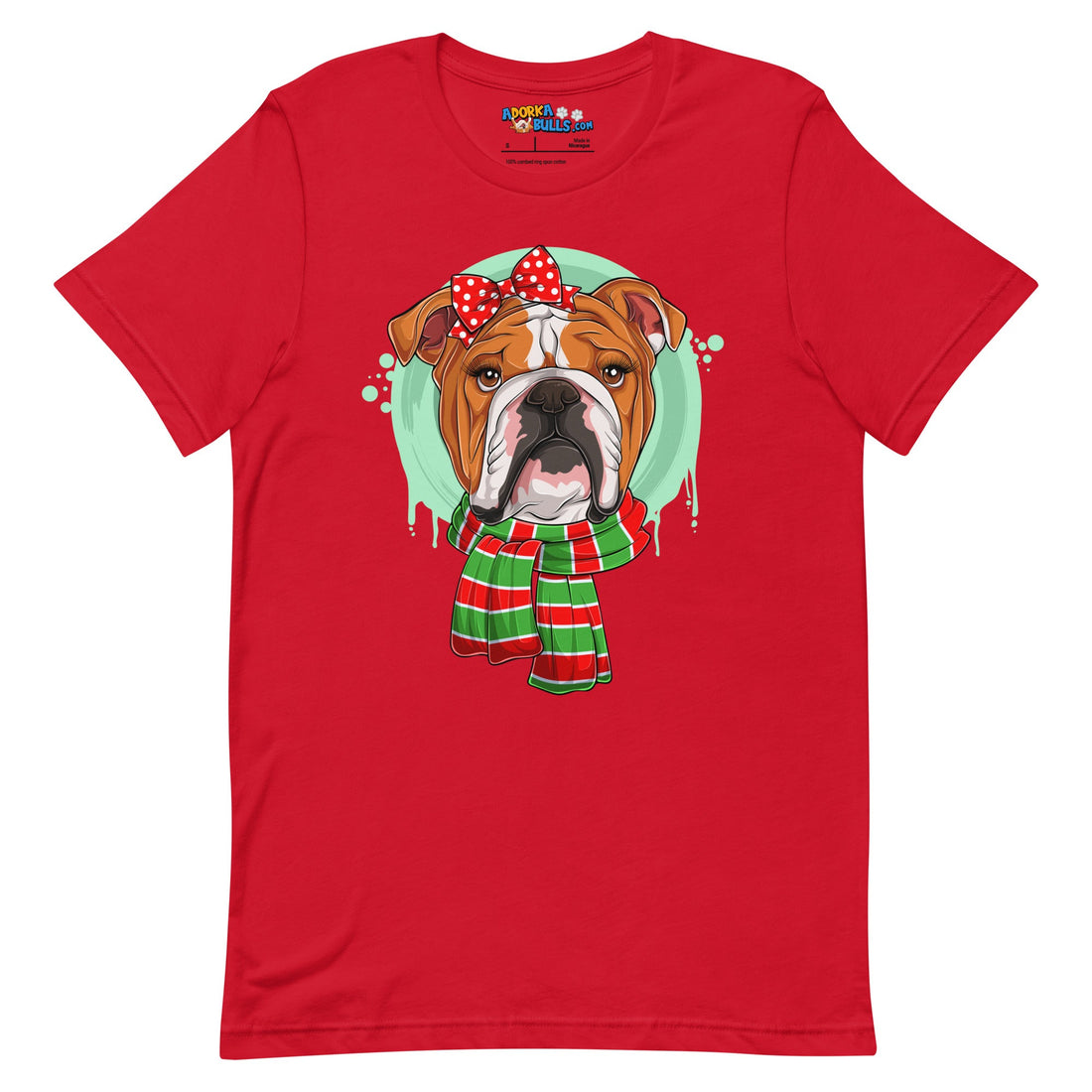 Bulldog in Christmas Scarf Unisex Tee | Red &amp; White Colored Female