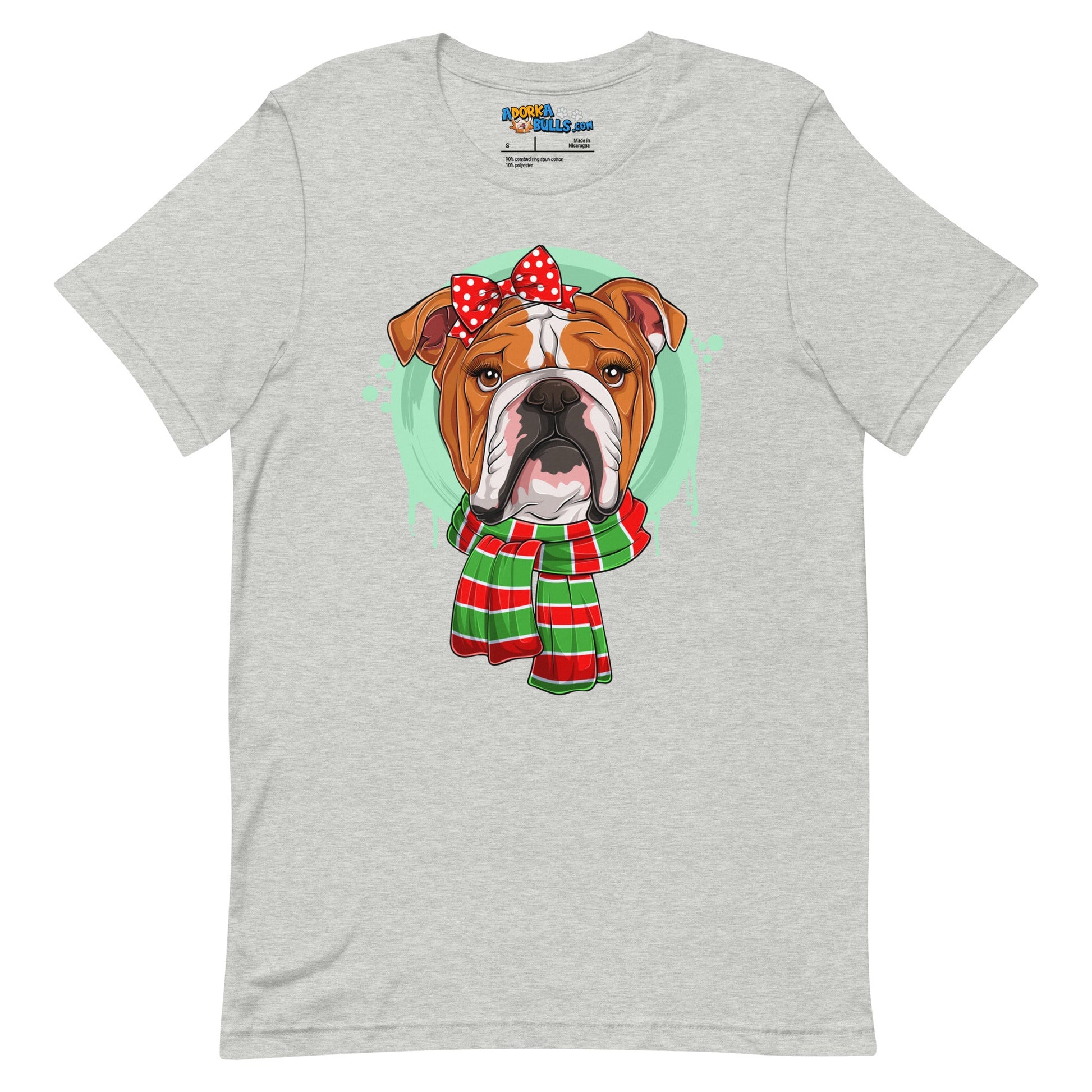 Bulldog in Christmas Scarf Unisex Tee | Red & White Colored Female