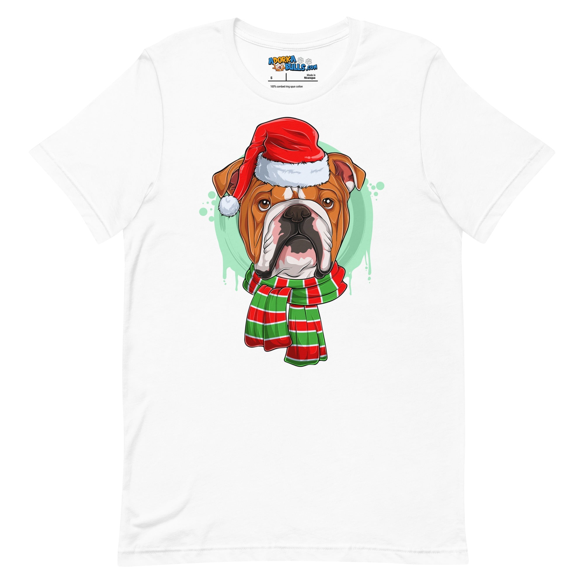 Bulldog in Christmas Scarf Unisex Tee | Red &amp; White Colored Male