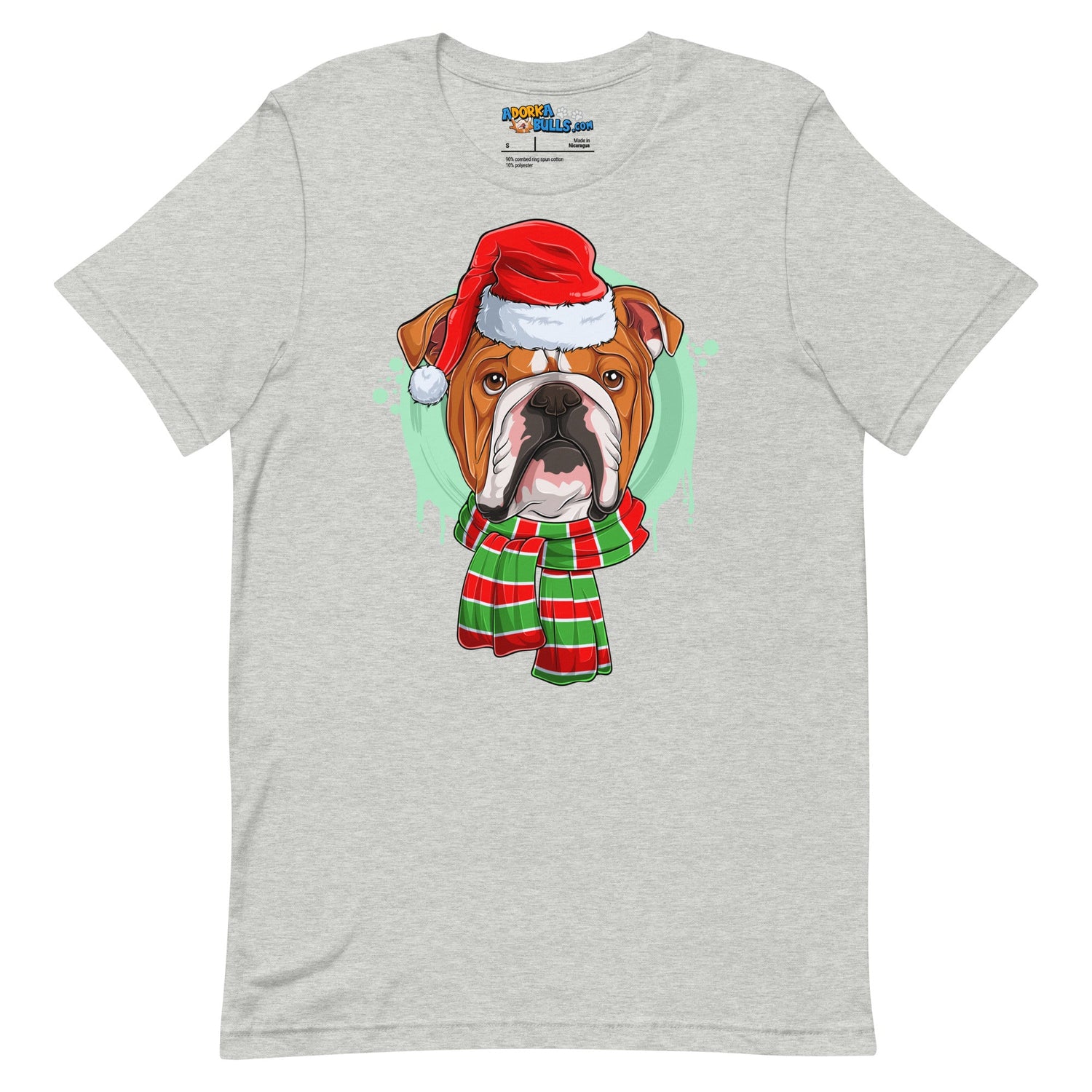 Bulldog in Christmas Scarf Unisex Tee | Red &amp; White Colored Male