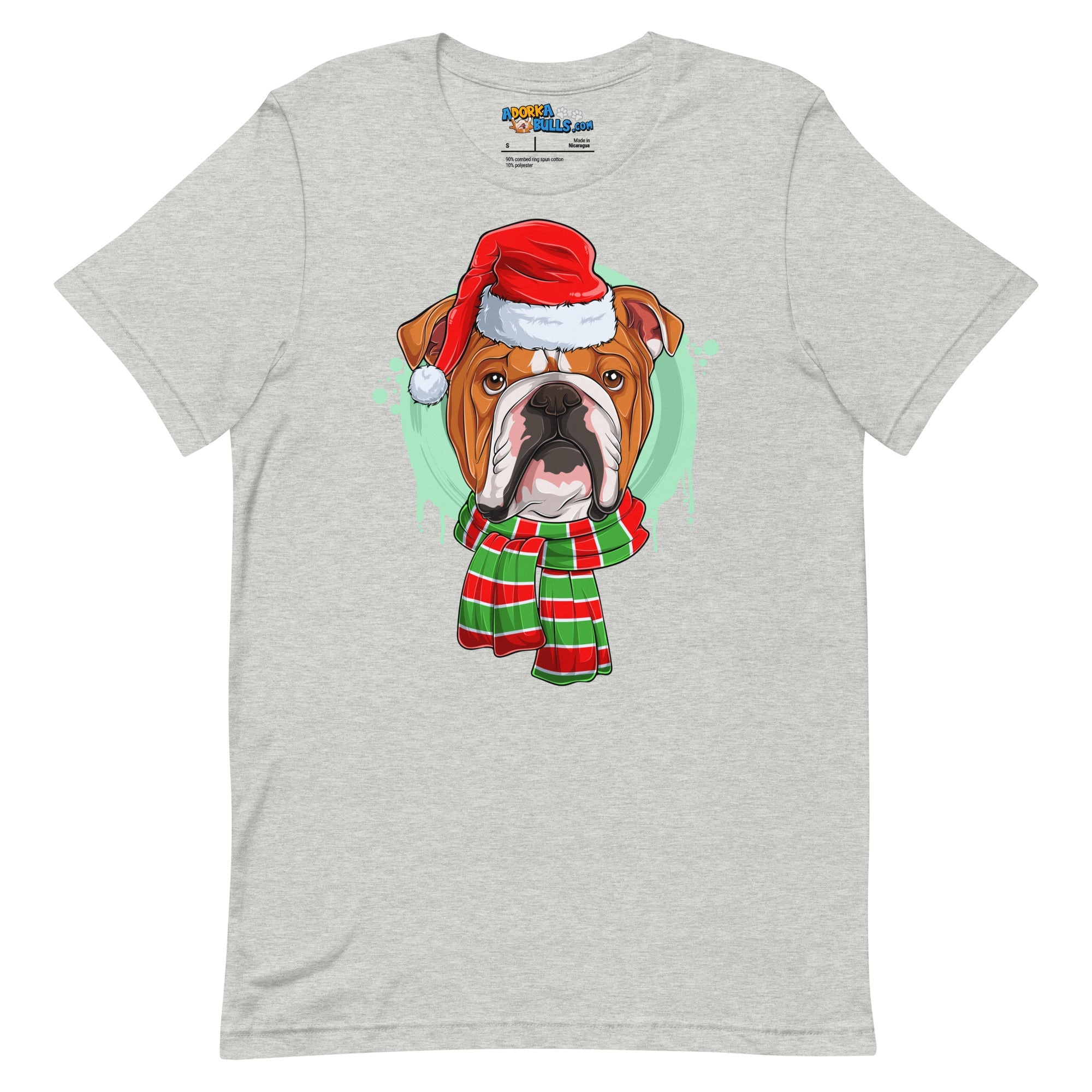 Bulldog in Christmas Scarf Unisex Tee | Red &amp; White Colored Male