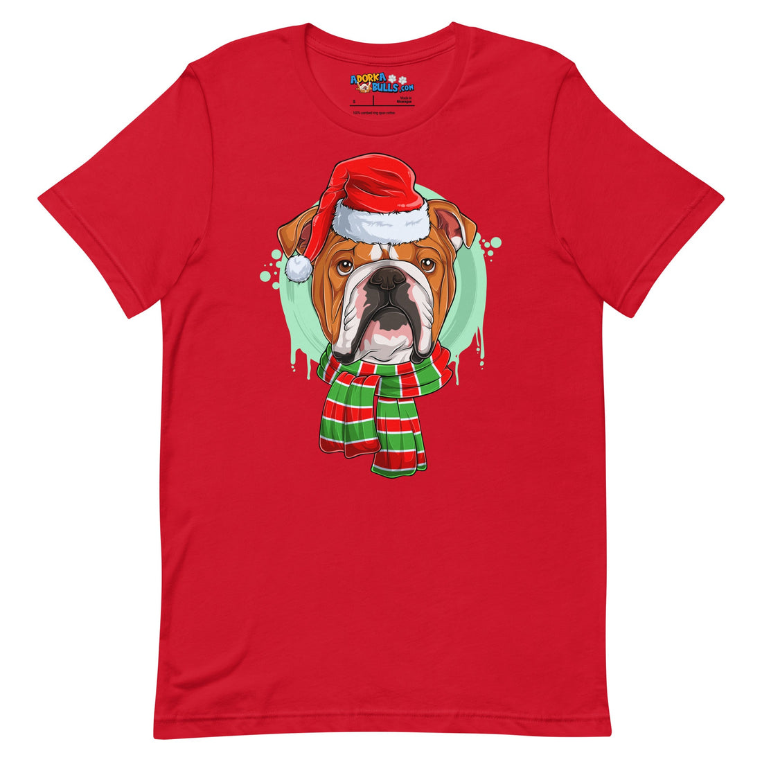 Bulldog in Christmas Scarf Unisex Tee | Red & White Colored Male