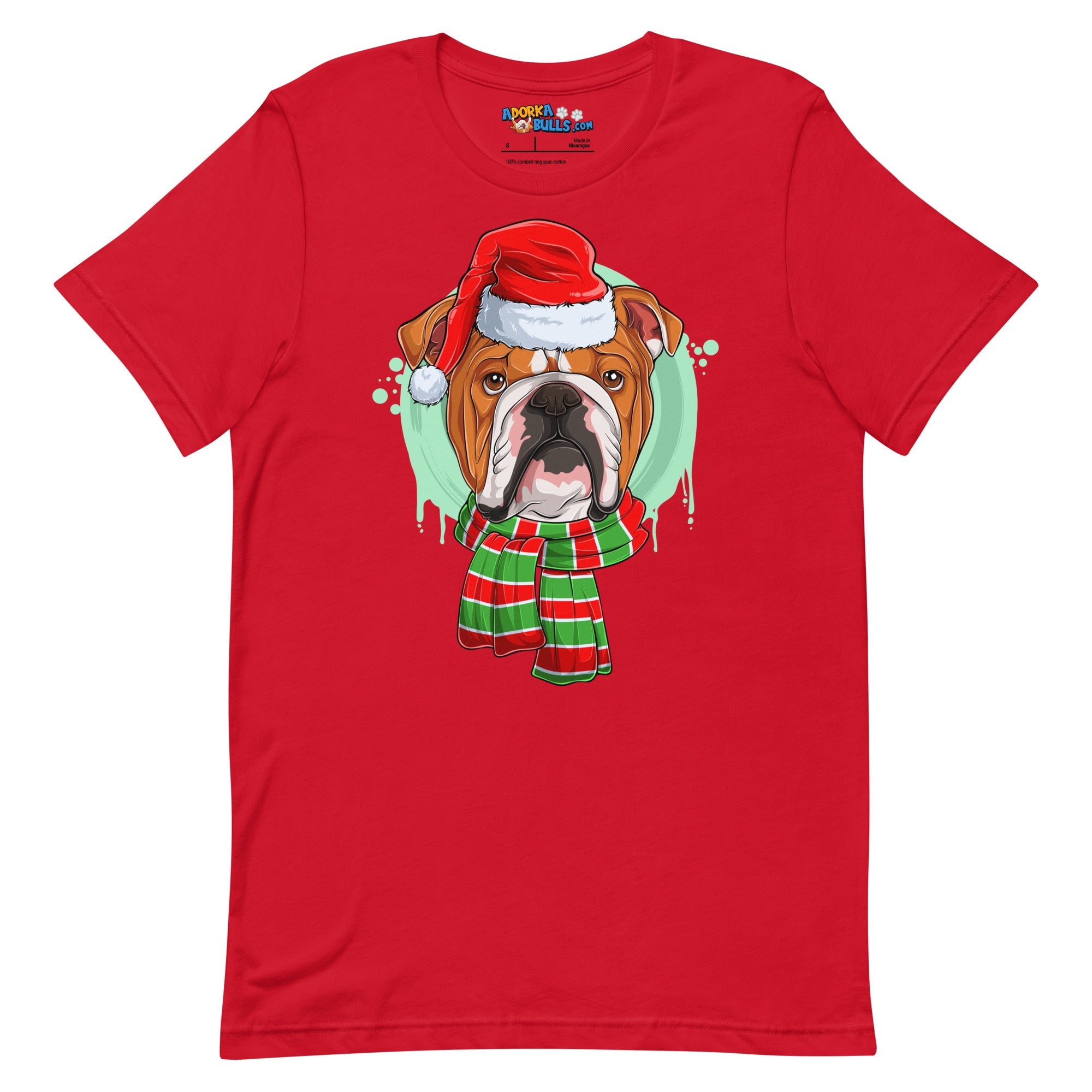 Bulldog in Christmas Scarf Unisex Tee | Red &amp; White Colored Male