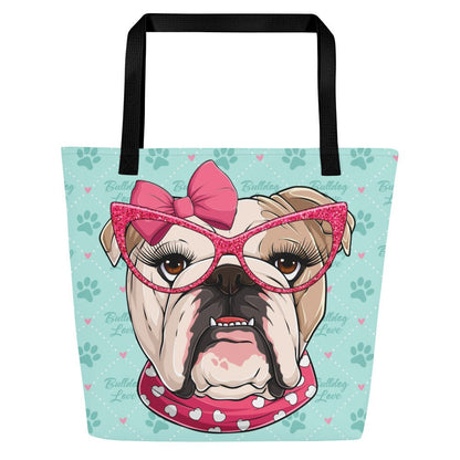 “Bulldog Love” Tote Bag with Inside Pocket | Fawn &amp; White Colored