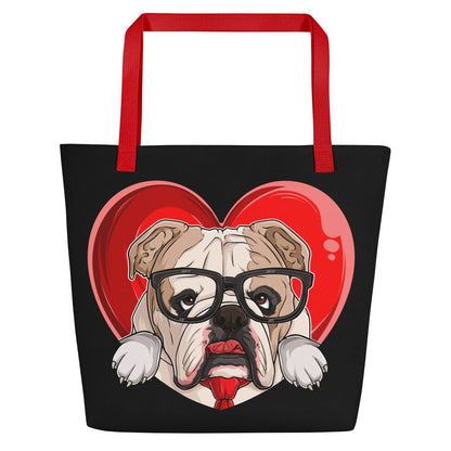 Bulldog “Pop of Love – With a Side of Snacks” Large Tote Bag with Pocket | Fawn &amp; White Colored