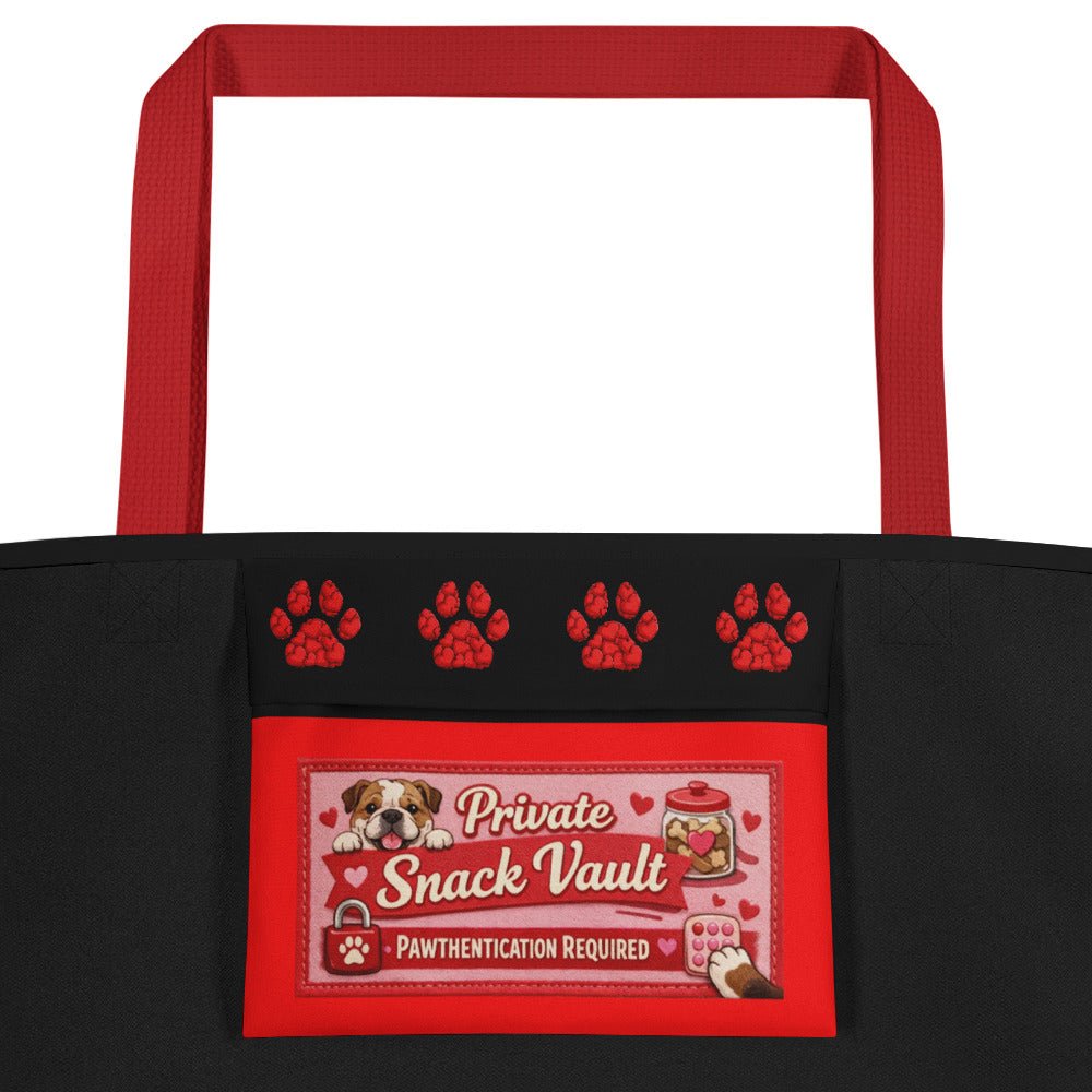 Bulldog “Pop of Love – With a Side of Snacks” Large Tote Bag with Pocket | Red &amp; White Colored
