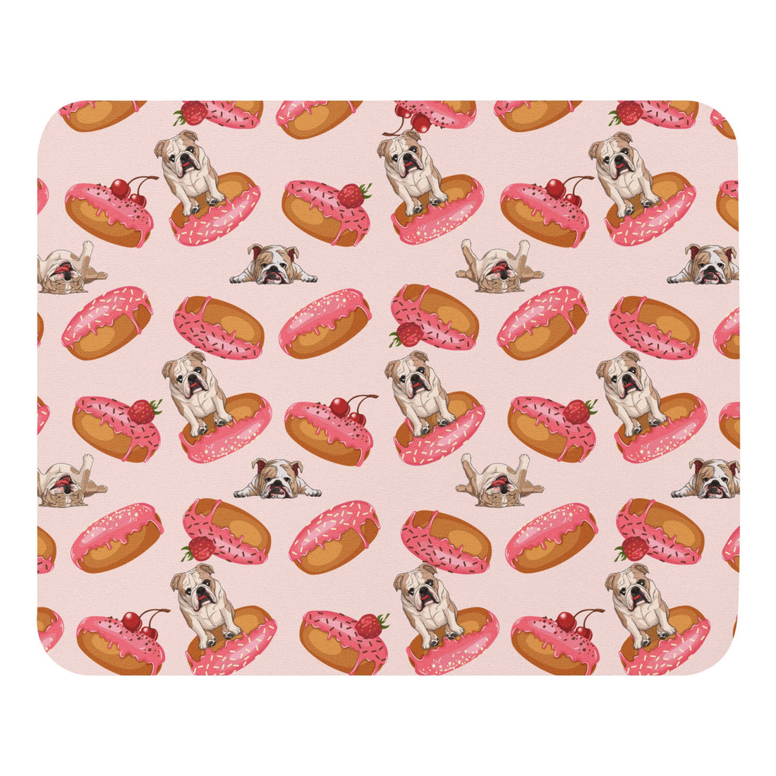 "Bulldogs & Pink Donuts" Mouse Pad | Fawn & White Colored