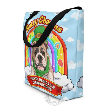 "Bully Charms" Bulldog Large Tote Bag with Pocket | Fawn &amp; White Colored