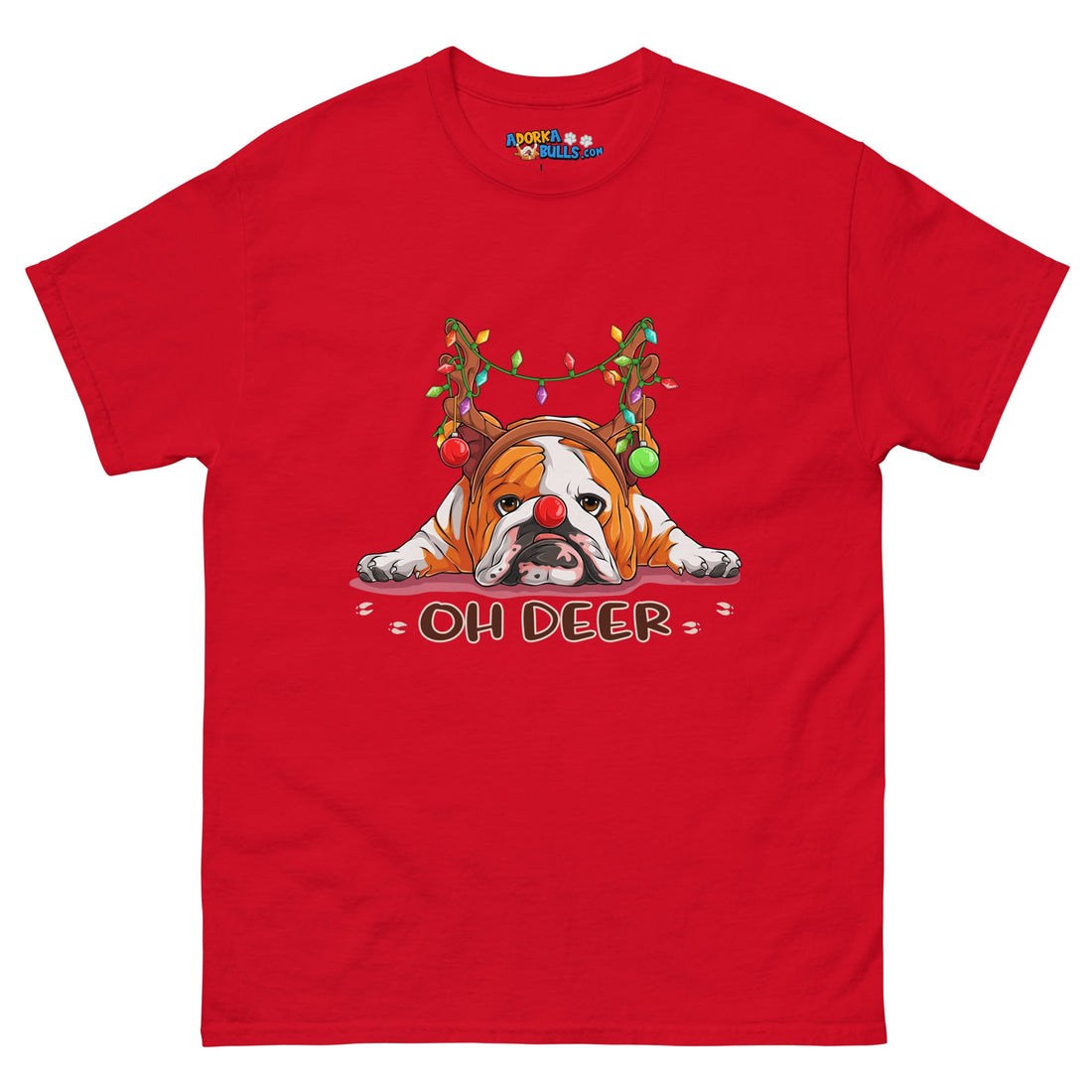 Christmas "Oh Deer" English Bulldog Unisex Tee | Red & White Colored
