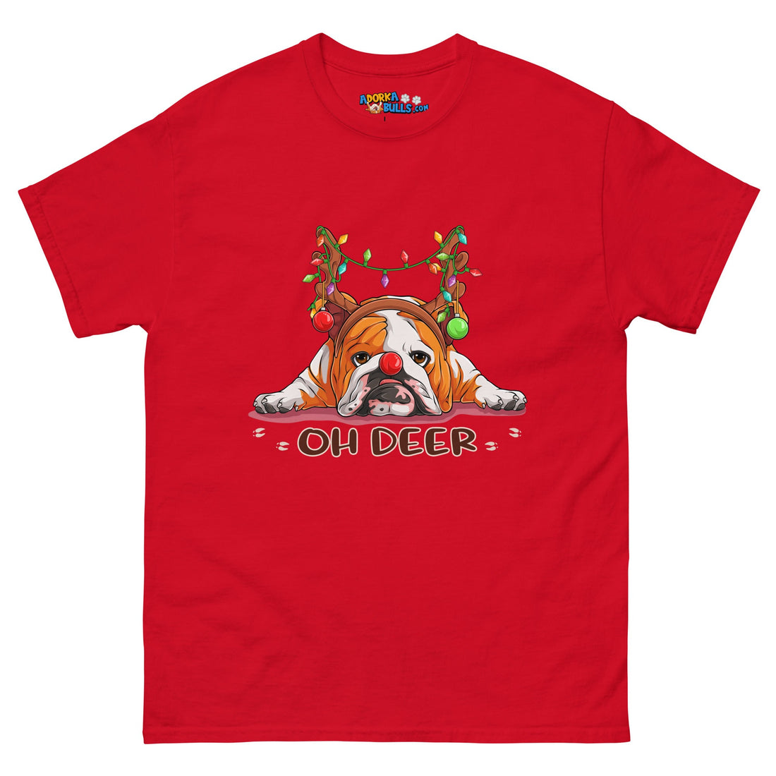 Christmas &quot;Oh Deer&quot; English Bulldog Unisex Tee | Red &amp; White Colored