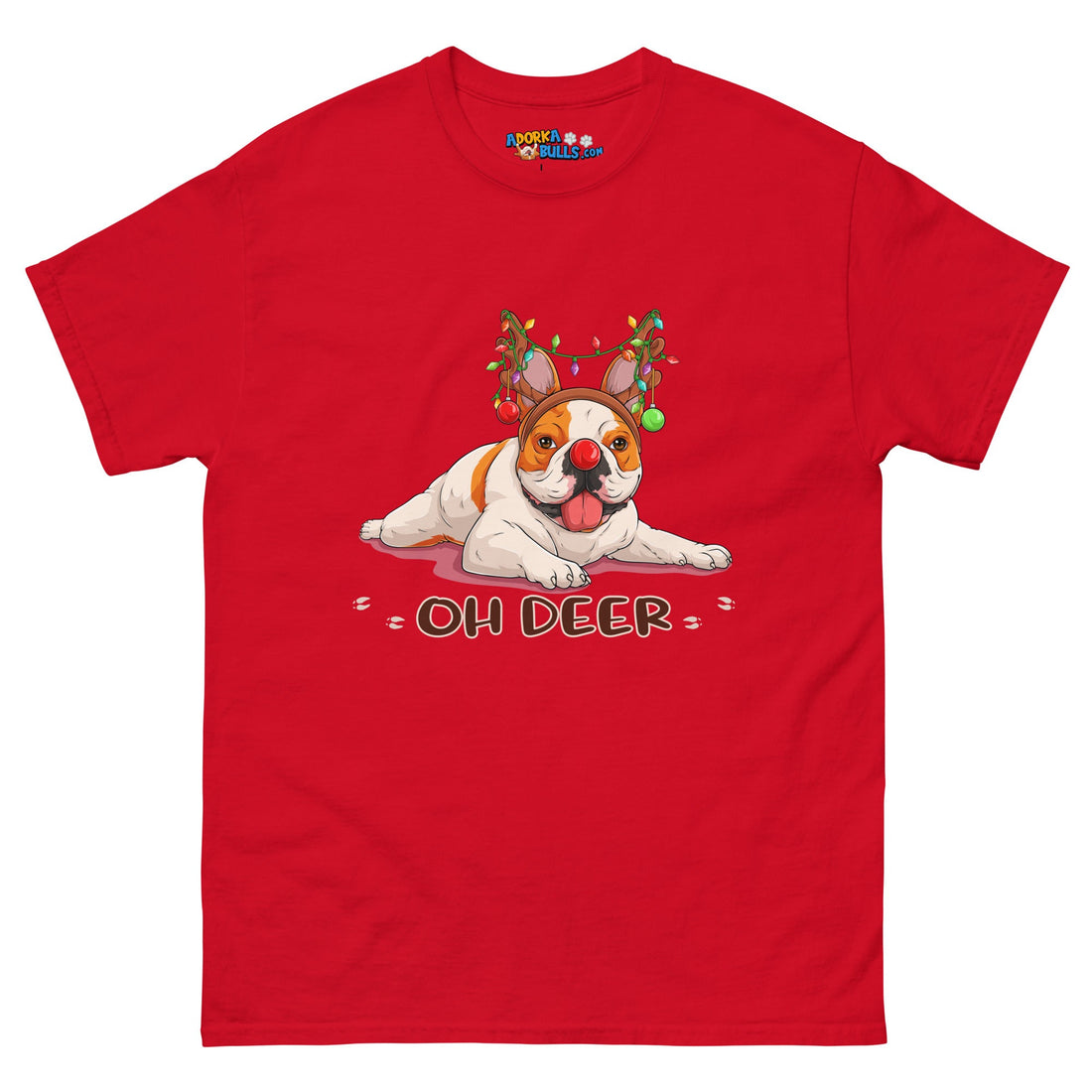 Christmas &quot;Oh Deer&quot; French Bulldog Unisex Tee | Red &amp; White Colored