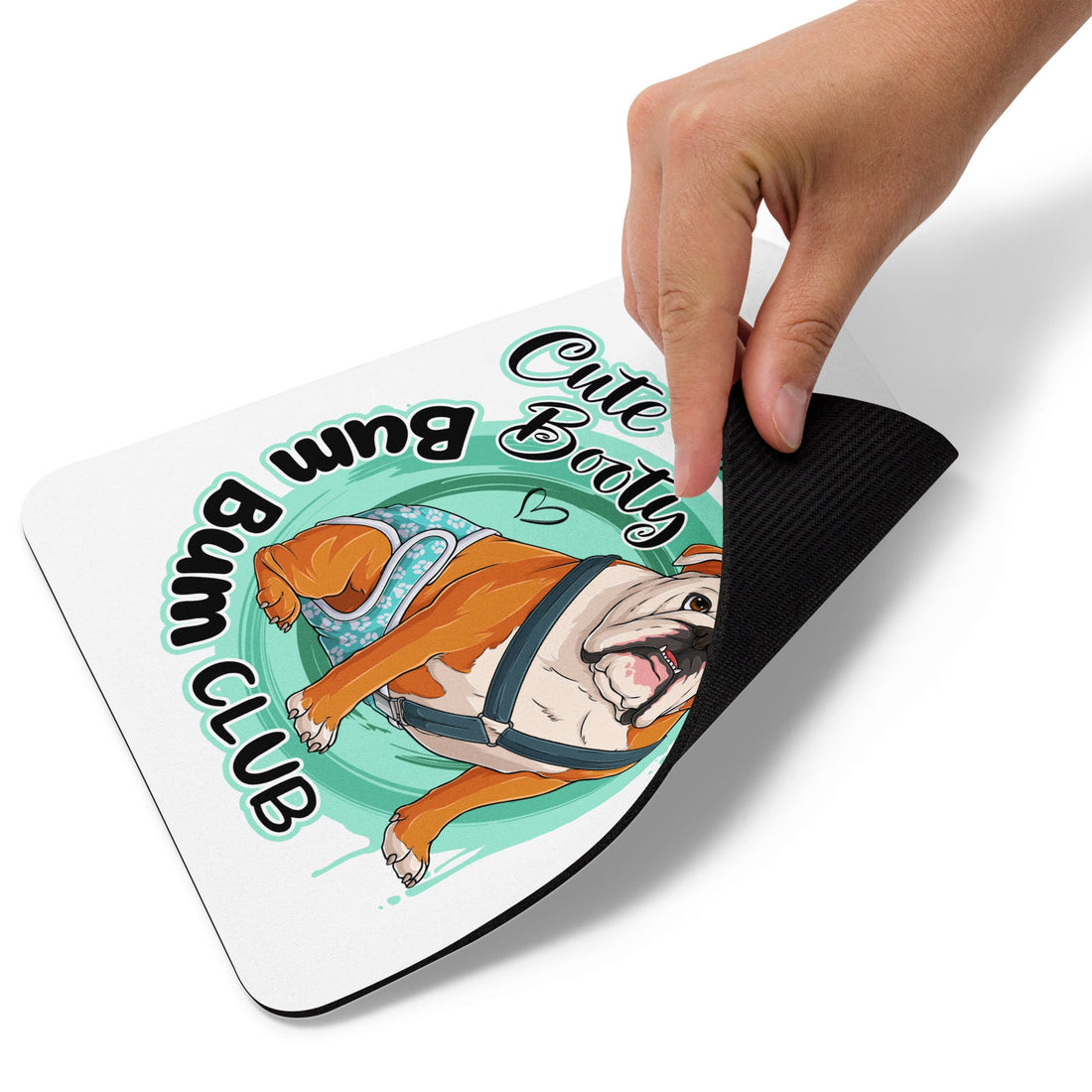 &quot;Cute Booty Bum Bum Club&quot; Mouse Pad | Red &amp; White Colored Male English Bulldog with Spina Bifida