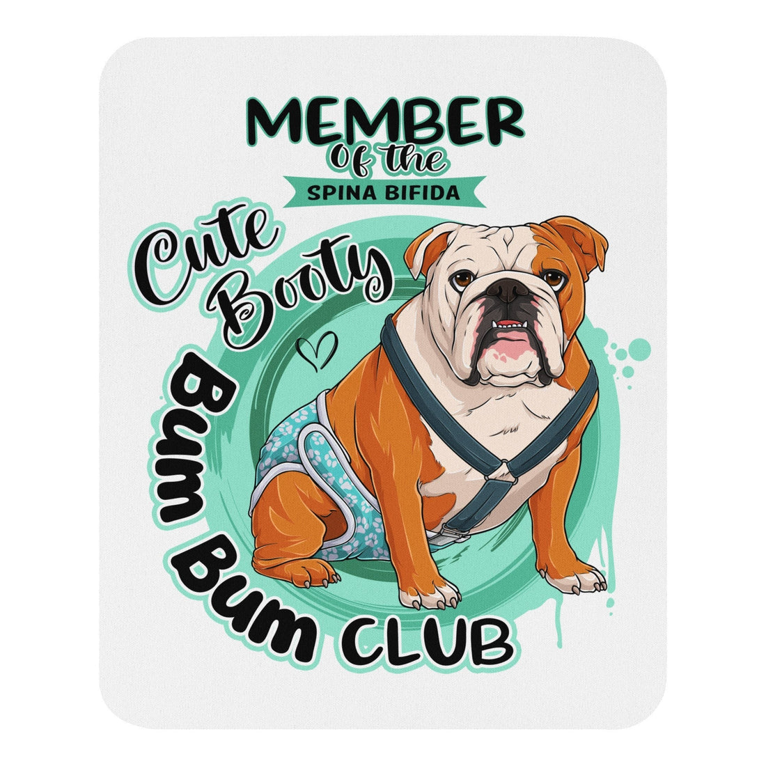 &quot;Cute Booty Bum Bum Club&quot; Mouse Pad | Red &amp; White Colored Male English Bulldog with Spina Bifida