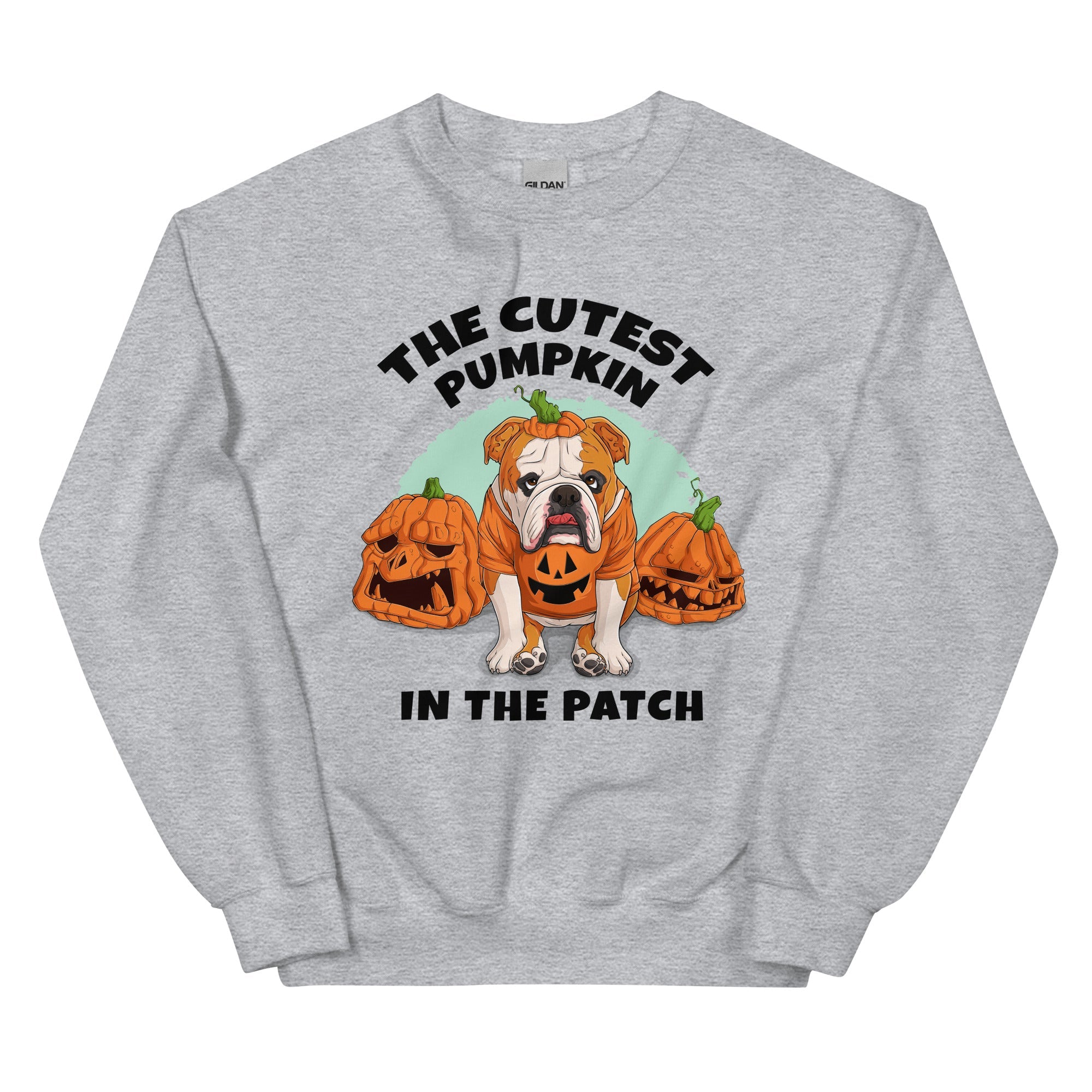 &quot;Cutest Pumpkin in the Patch&quot; Bulldog Unisex Sweatshirt | Red &amp; White Colored