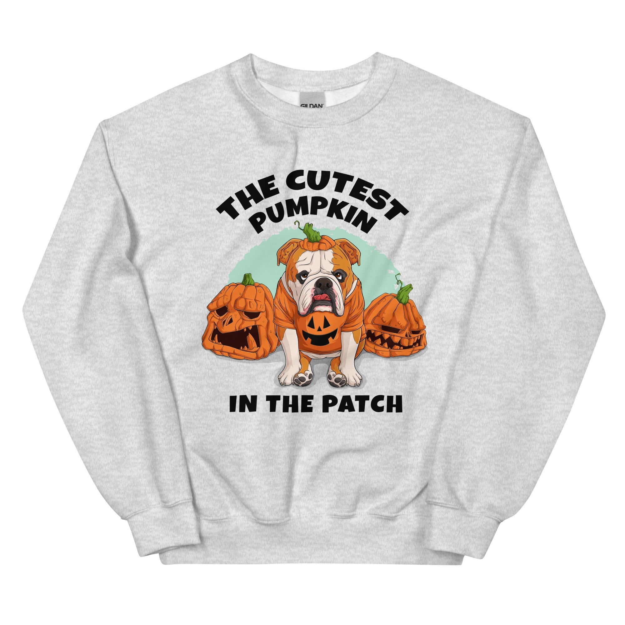 &quot;Cutest Pumpkin in the Patch&quot; Bulldog Unisex Sweatshirt | Red &amp; White Colored