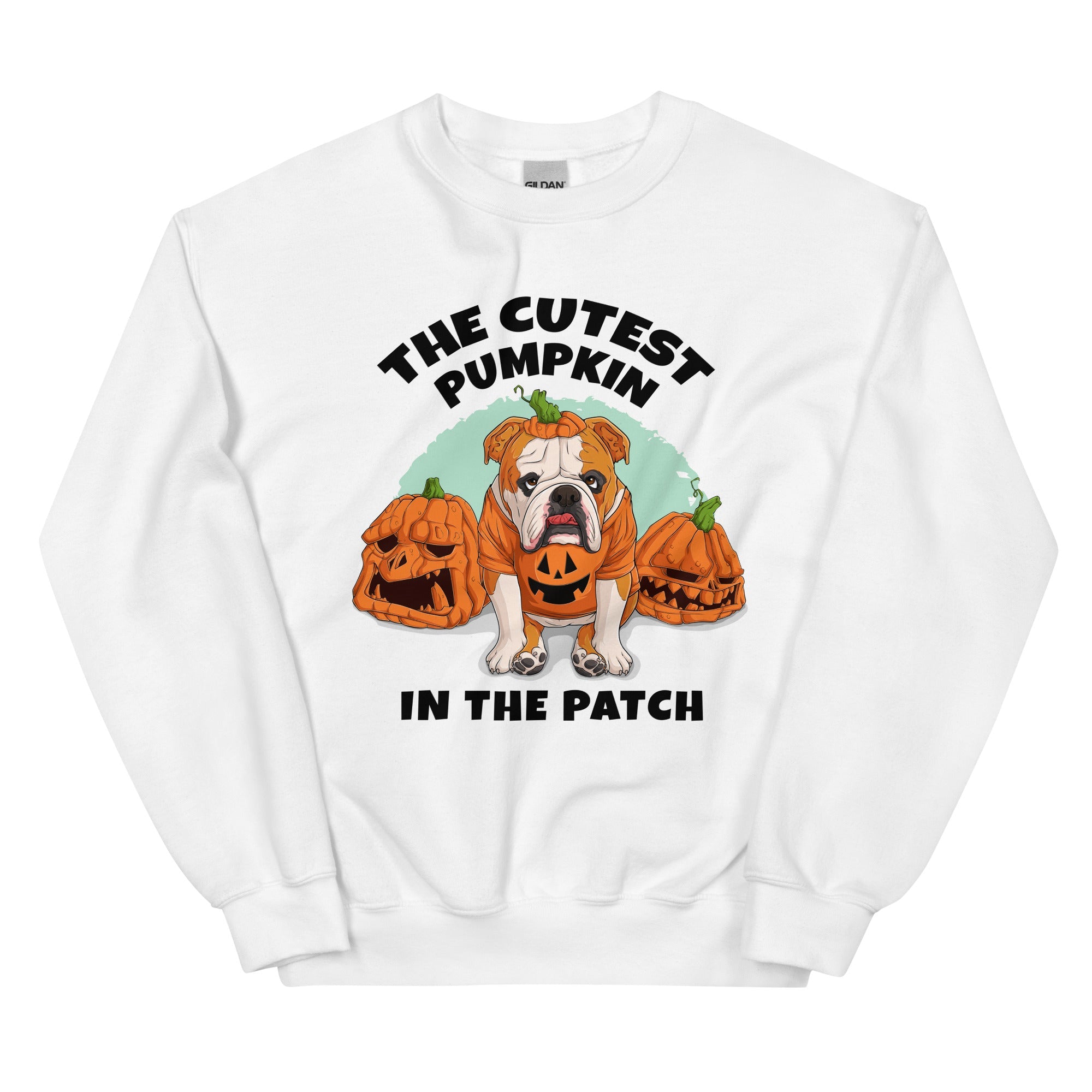 &quot;Cutest Pumpkin in the Patch&quot; Bulldog Unisex Sweatshirt | Red &amp; White Colored