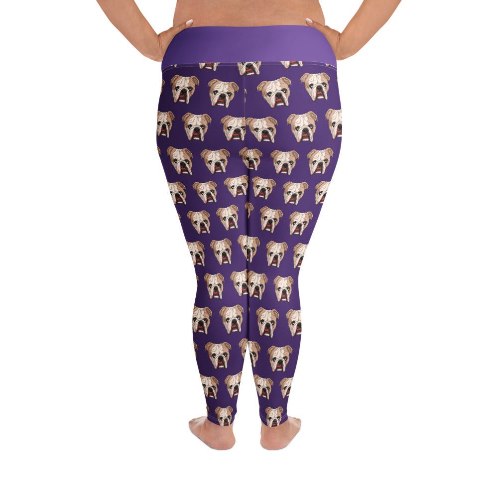 Derpy English Bulldog Purple Plus Size Leggings | Fawn &amp; White Colored