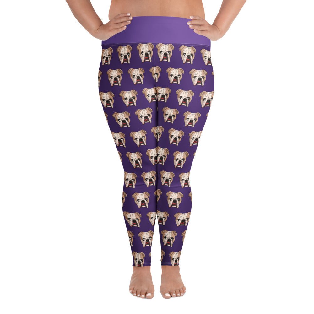 Derpy English Bulldog Purple Plus Size Leggings | Fawn &amp; White Colored