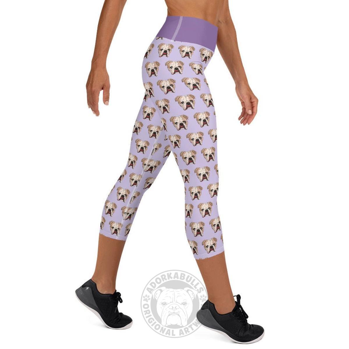 Derpy English Bulldog Yoga Capri Leggings | Fawn &amp; White Colored