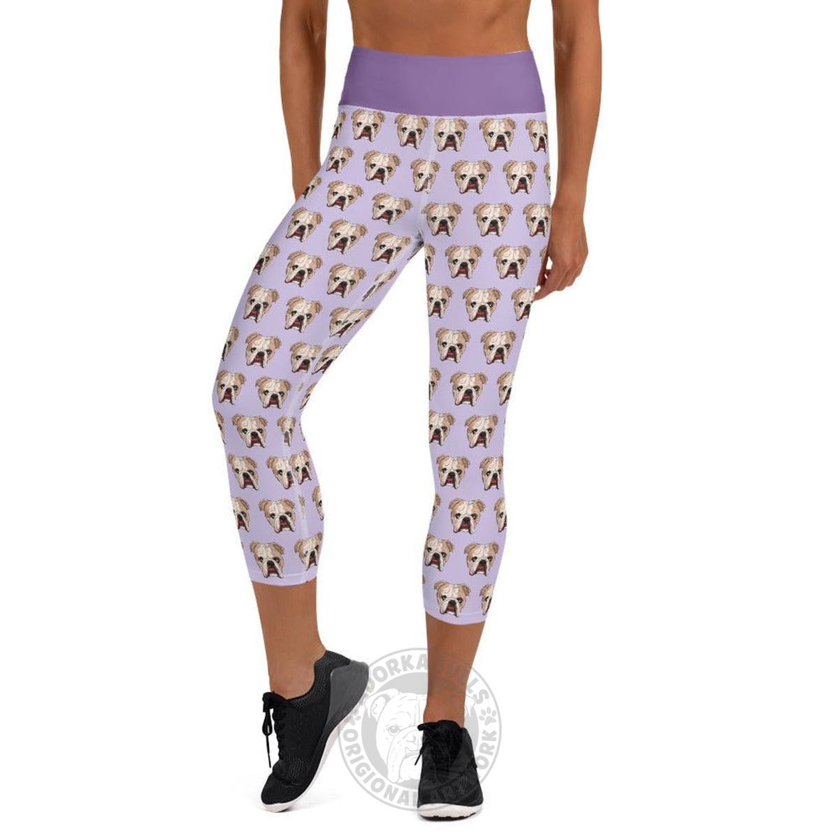 Derpy English Bulldog Yoga Capri Leggings | Fawn &amp; White Colored