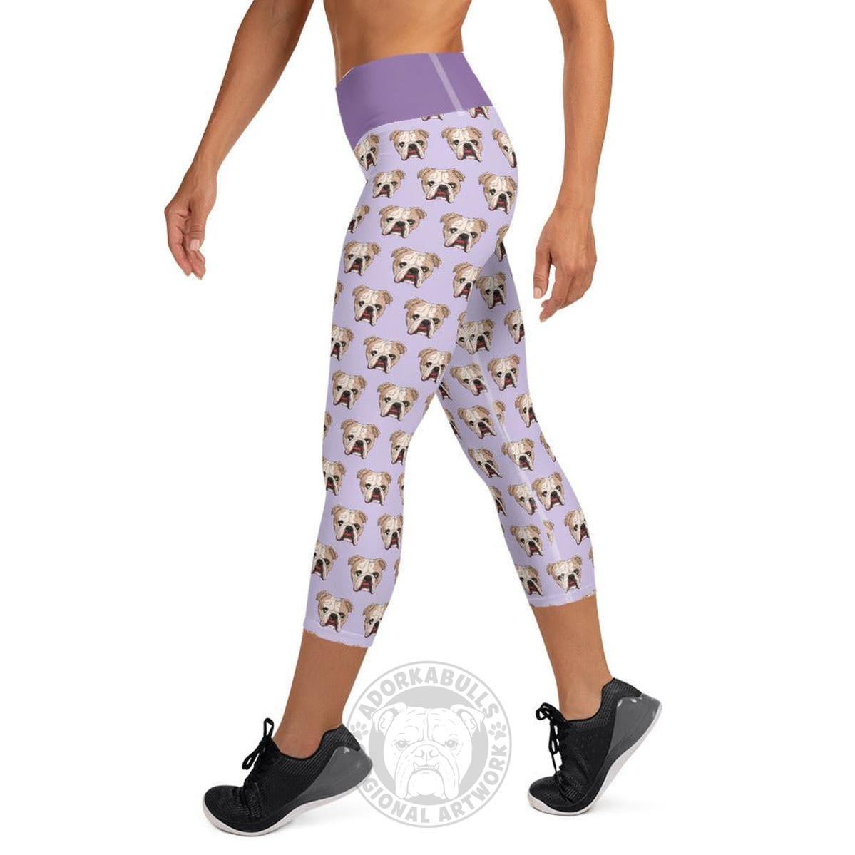 Derpy English Bulldog Yoga Capri Leggings | Fawn &amp; White Colored