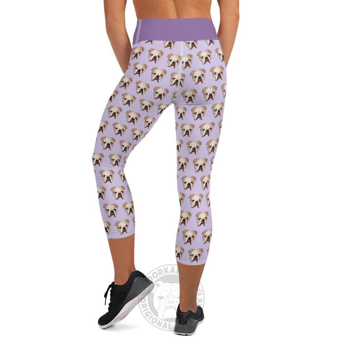 Derpy English Bulldog Yoga Capri Leggings | Fawn &amp; White Colored